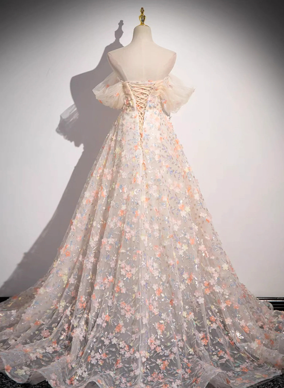 A-Line Off Shoulder Flowers Lace Formal Dress, Long Prom Dress