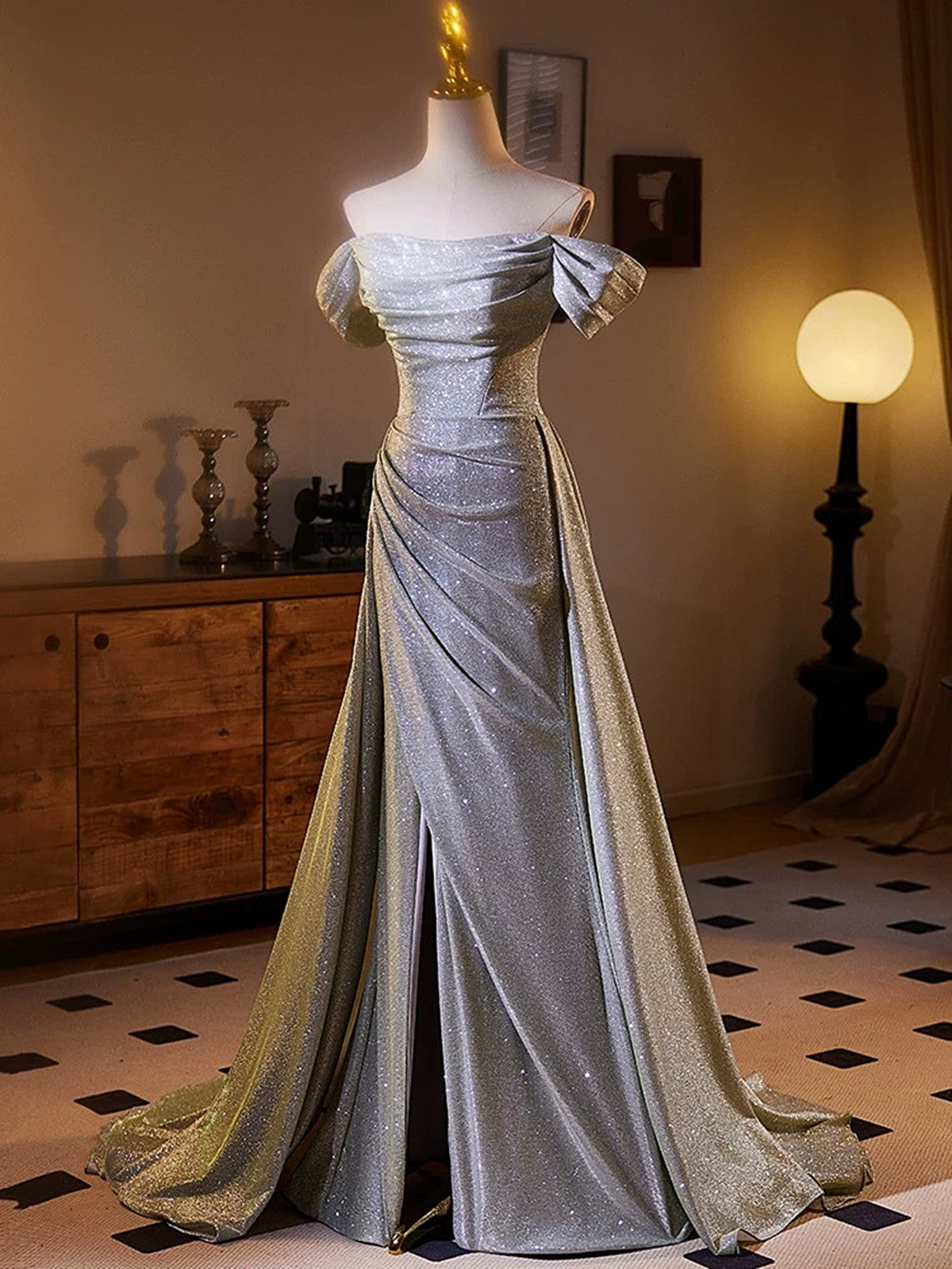 A-line Sliver Grey Off Shoulder Long Prom Dress, Sliver Grey Party Dress with Leg Slit