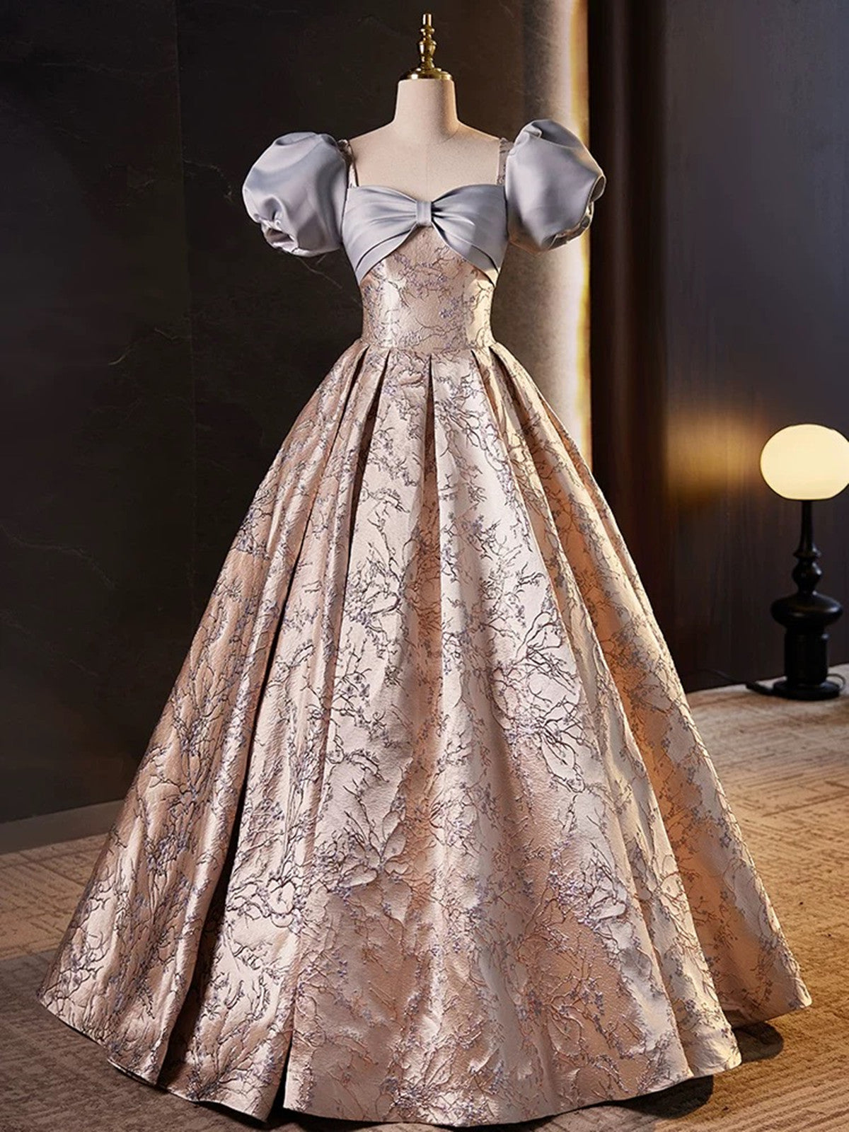 A-line Floral Satin Short Sleeves Long Prom Dress, Sweetheart Long Party Dress