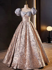 A-line Floral Satin Short Sleeves Long Prom Dress, Sweetheart Long Party Dress