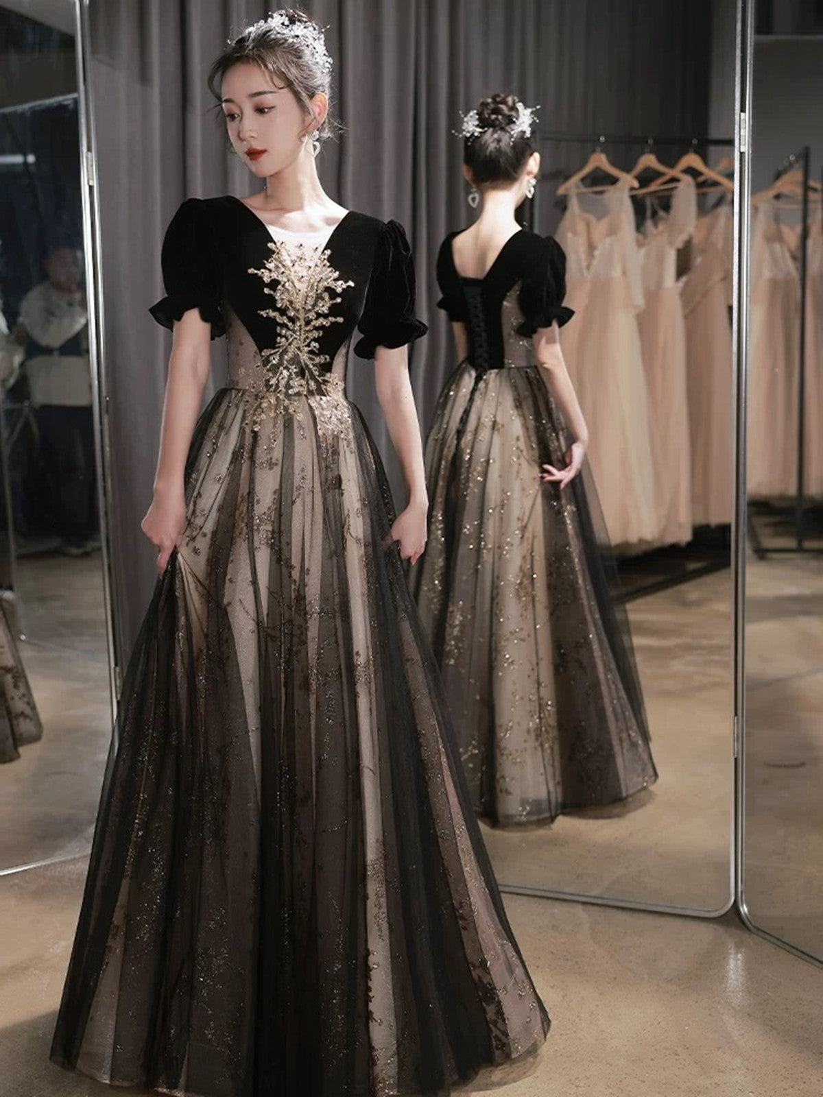 A-line Black Tulle and Velvet Floor Length Party Dress, Short Sleeves Black Prom Dress