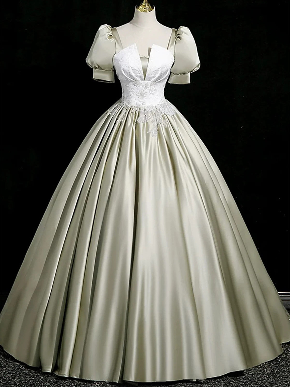 A-line Light Green Satin Short Sleeves Long Formal Dress, Light Green Satin Prom Dress