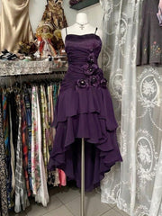 A-line Purple High Low Satin and Chiffon Party Dress, Purple Beaded Straps Homecoming Dress