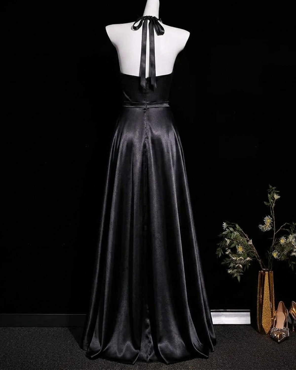 Black A-line Satin Halter Ruffle Maxi Prom Dress, Black V-neckline Evening Gown with Ruffle