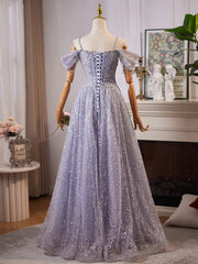 A-line Sliver Grey Beaded Shiny Tulle Long Formal Dress, Sweetheart Tulle Prom Dress