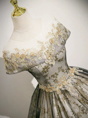 A-line Round Neckline Floral Lace And Tulle Party Dress, Lace Applique Long Sweet 16 Dress