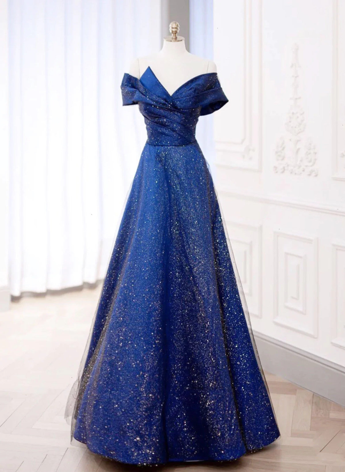 Blue A-line Satin with Tulle Long Prom Dress, Blue Long Evening Dress Party Dress