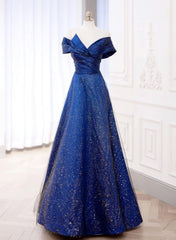 Blue A-line Satin with Tulle Long Prom Dress, Blue Long Evening Dress Party Dress