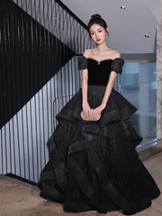Black Velvet and Tulle Off Shoulder Long Formal Dress, Black Evening Dress Party Dress