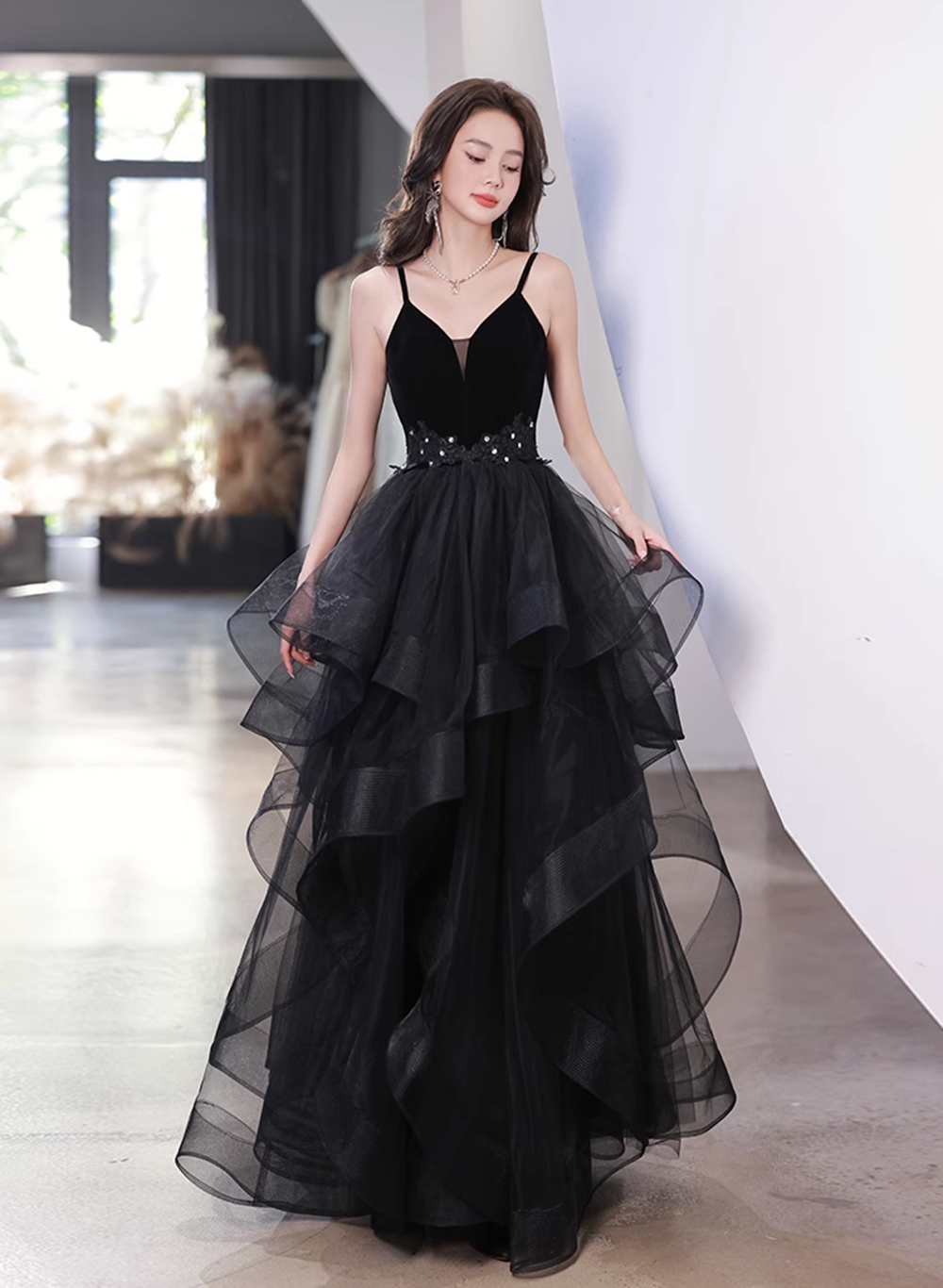 Black Tulle Straps V-neckline Beaded Long Formal Dress, Black A-line Prom Dress