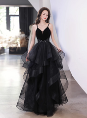 Black Tulle Straps V-neckline Beaded Long Formal Dress, Black A-line Prom Dress