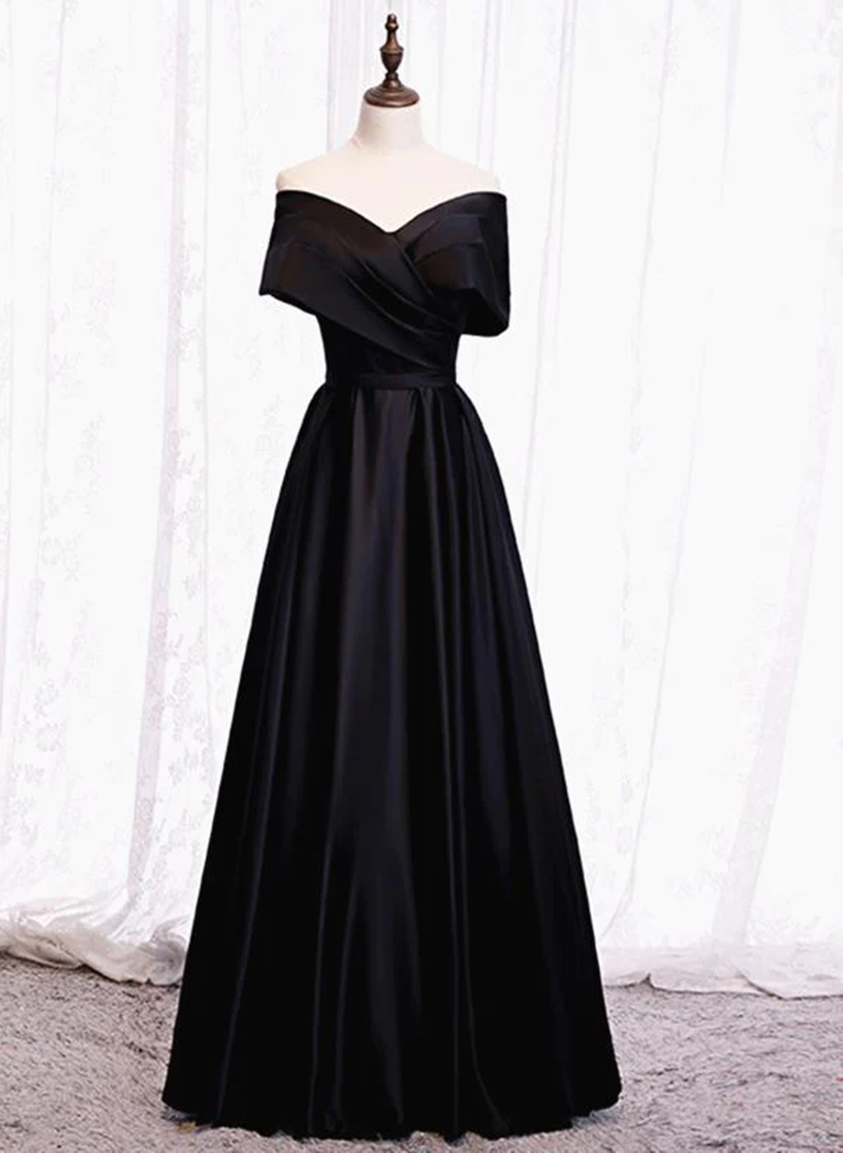 Black Satin Sweetheart Off Shoulder Party Dress, Black A-line Long Formal Dress