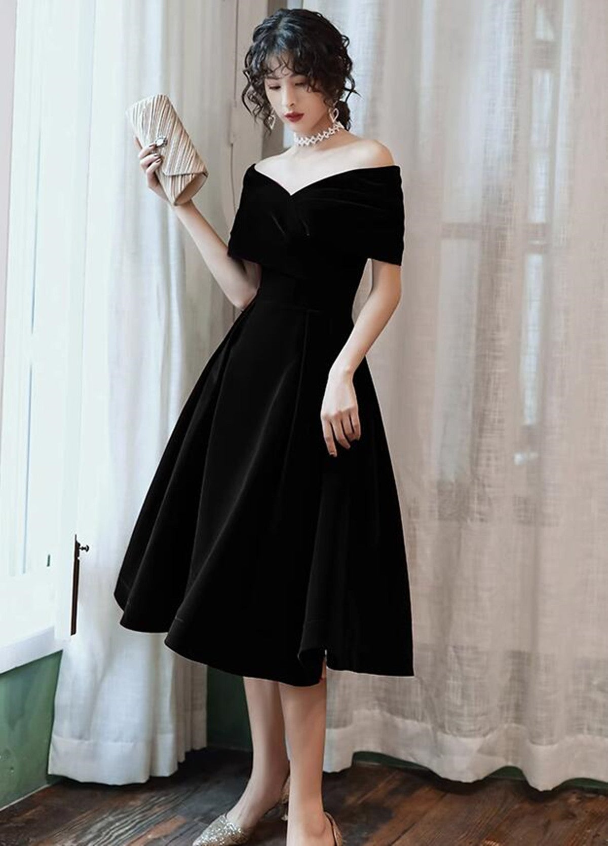 Black Velvet Tea Length Off Shoulder Party Dress, Black Short Homecoming Dress