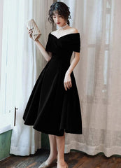 Black Velvet Tea Length Off Shoulder Party Dress, Black Short Homecoming Dress