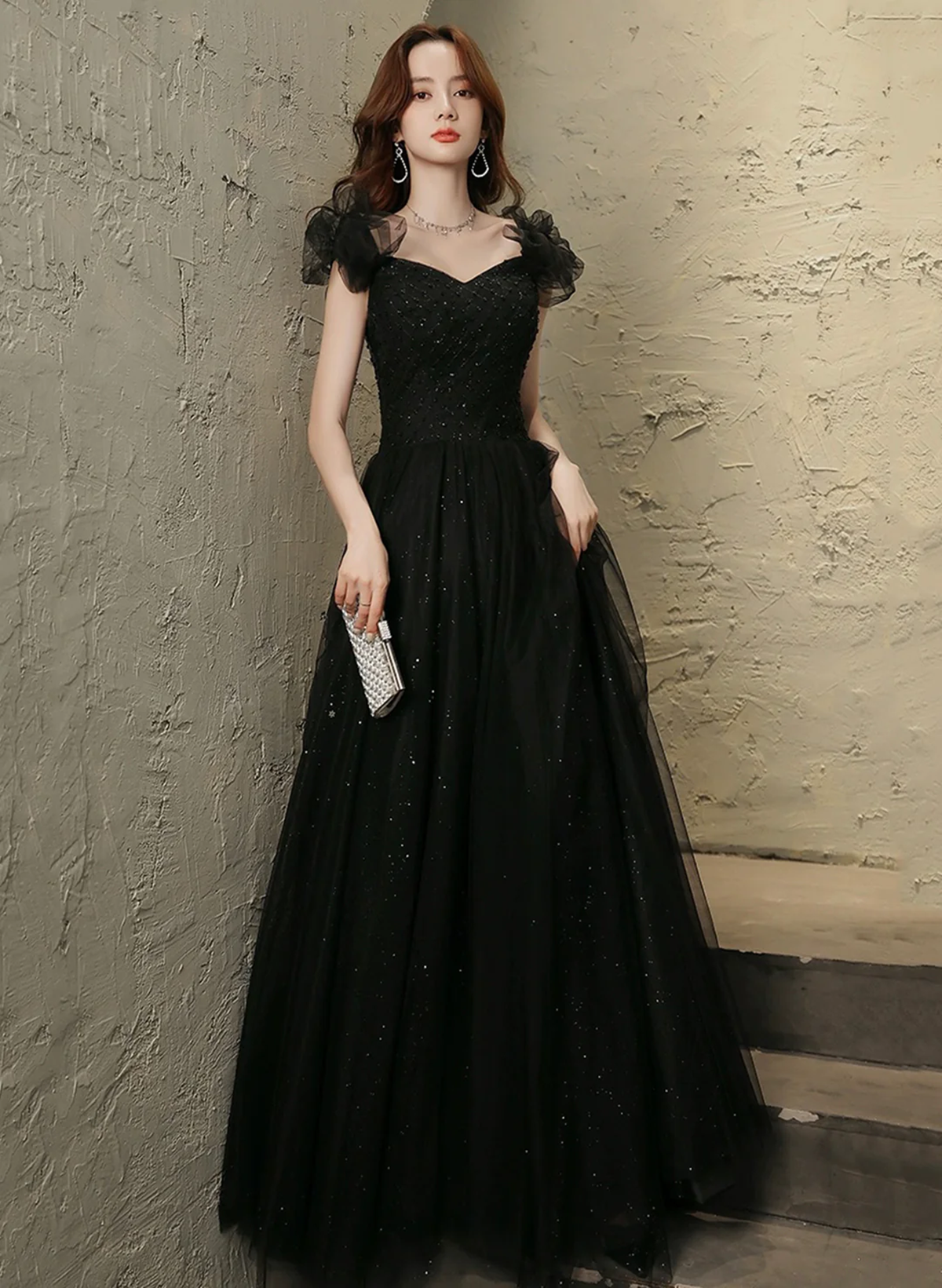 Black Tulle Beaded A-line Long Prom Dress, Short Sleeves  Party Dress