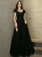 Black Tulle Beaded A-line Long Prom Dress, Short Sleeves  Party Dress
