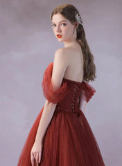 A-line Wine Red Tulle Sweetheart Long Formal Dress, Wine Red Simple Prom Dress