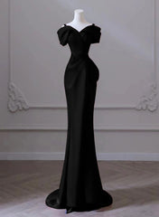 Black Satin Sweetheart Straps Long Formal Dress, Black Long Prom Dress