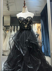 Black Sweetheart Tulle Layers Long Party Dress, Black Tulle Lace Prom Dress