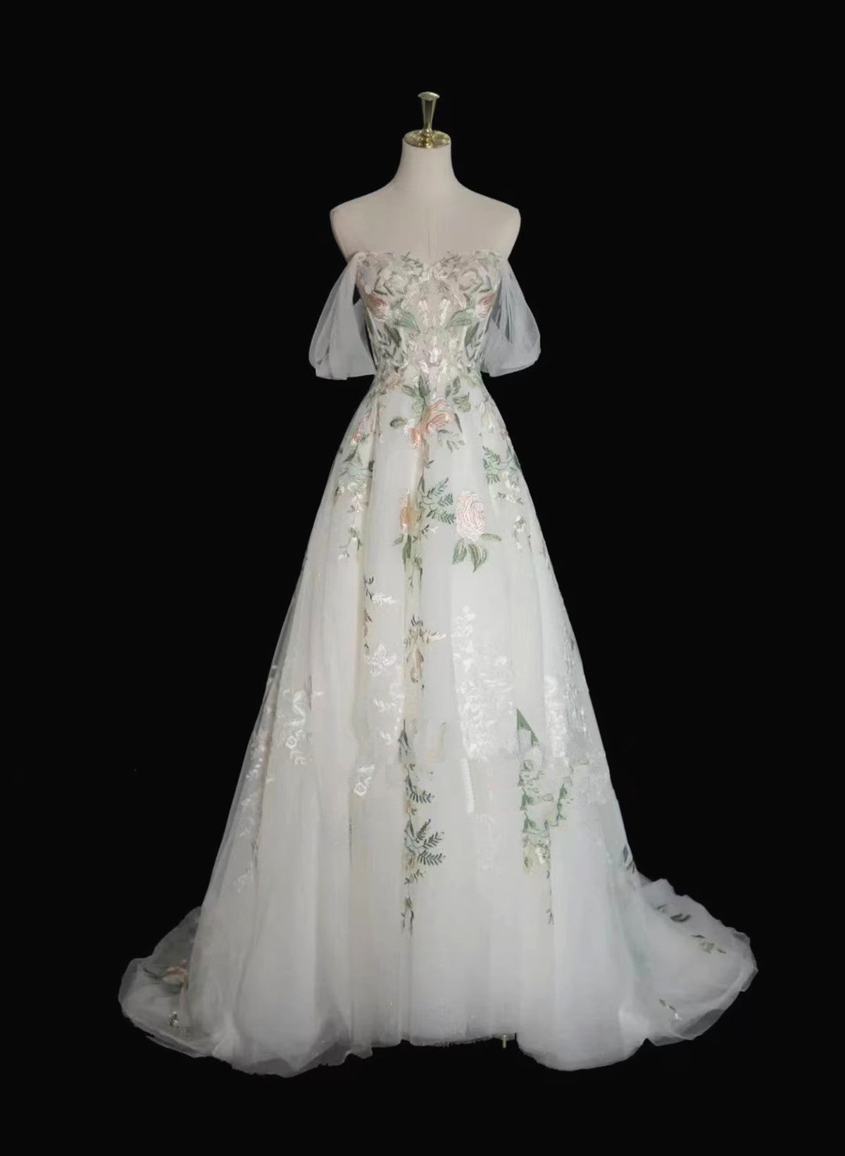 A-line Tulle with Flower Lace White Wedding Party Dress, White Tulle Evening Dress Prom Dress