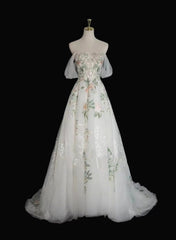 A-line Tulle with Flower Lace White Wedding Party Dress, White Tulle Evening Dress Prom Dress