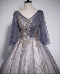 Beautiful Tulle V-neckline Long Formal Dress, Tulle Lace Applique Party Dress