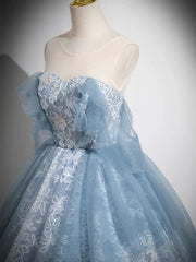 Blue A-line Lace and Tulle Long Formal Dress, Blue Round Neckline Prom Dress