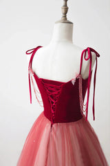 A-line Tulle Pink Gradient Straps Long Party Dress, Pink Tulle Floor Length Prom Dress