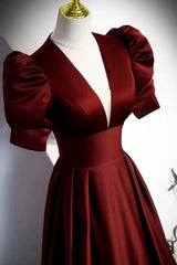 A-line Short Sleeves V-neckline Satin Prom Dress, Long Evening Dress Party Dress