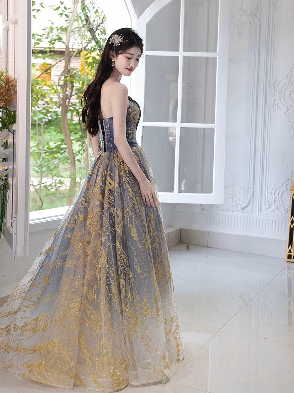 A-line Blue Gradient Tulle Scoop Long Party Dress, Blue Tulle Prom Dress