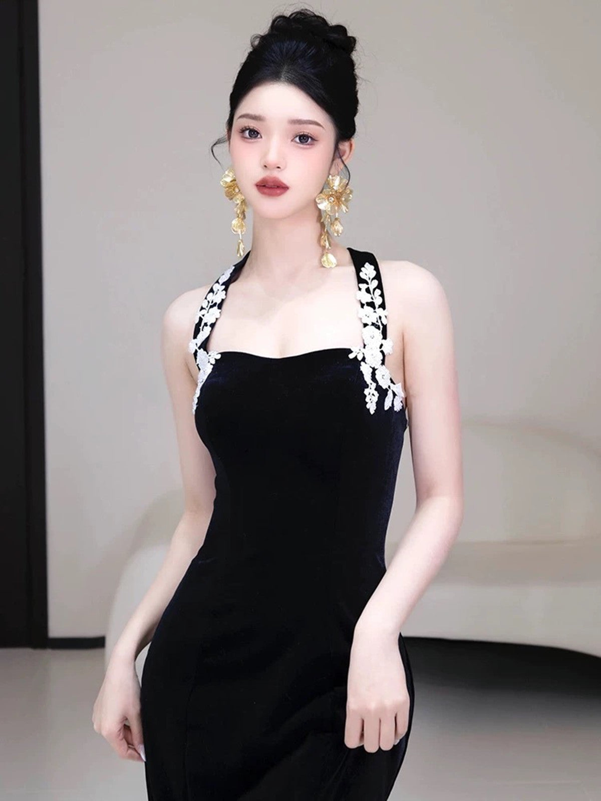 Black Mermaid Velvet Halter Long Party Dress, Black Velvet Evening Dress Prom Dress