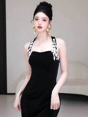 Black Mermaid Velvet Halter Long Party Dress, Black Velvet Evening Dress Prom Dress