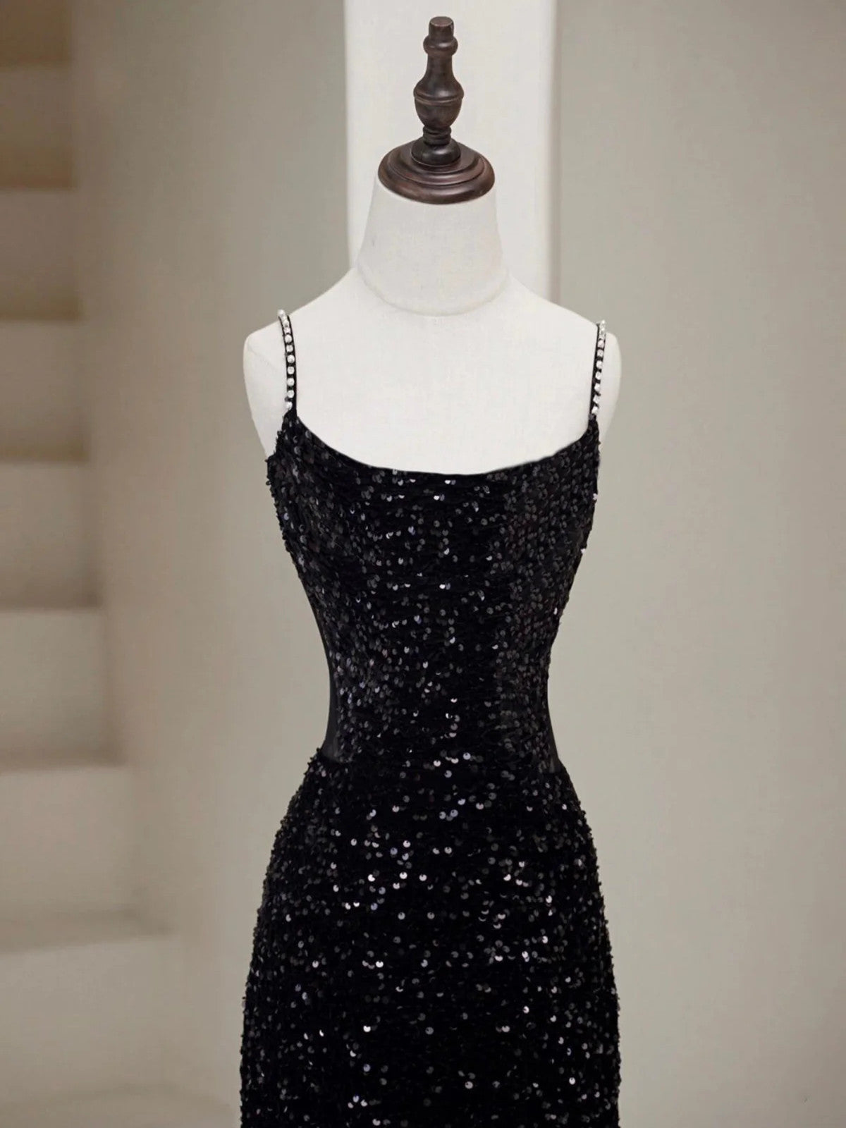 Black Sequins Mermaid Straps Floor Length Prom Dress, Black Sequins Evening Dress Party Dress
