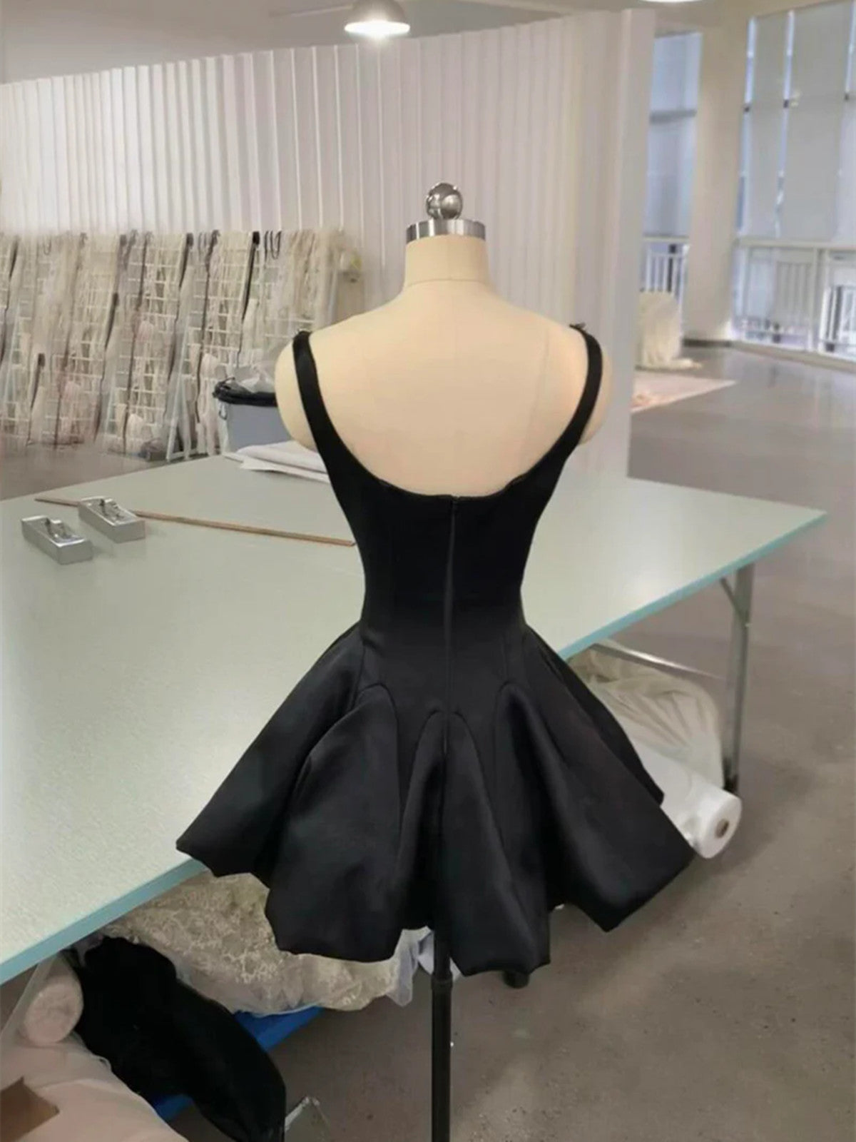 Black Satin Beaded Low Back Knee Length Party Dress, Black Satin Short Homecoming Dress