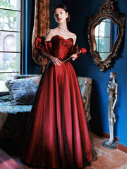 A-line Off Shoulder Sweetheart Black and Red Long Prom Dress, Tulle Floor Length Evening Dress