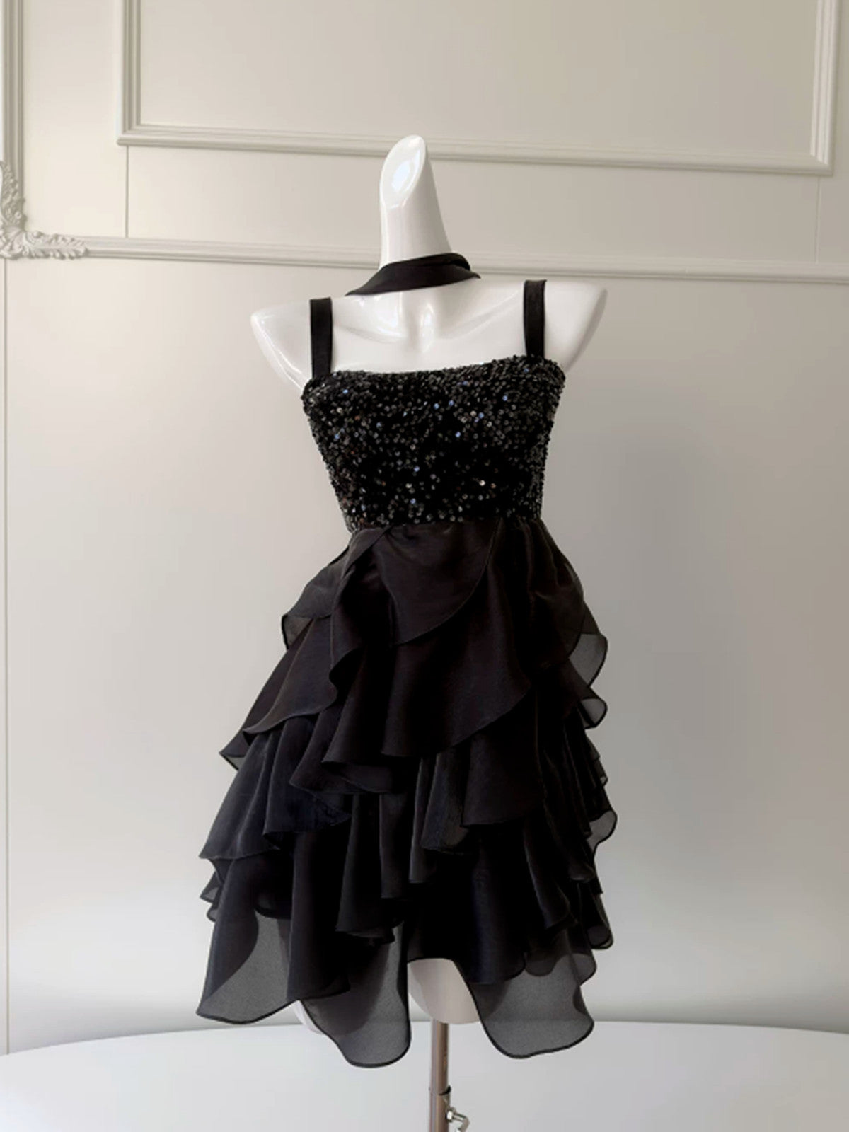 Black Sequins and Organza Tiered Ruffle Short Party Dress, Black Straps Knee Length Homecoming Dress