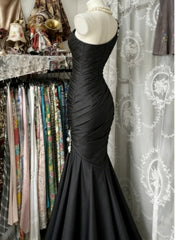 Black Satin Mermmaid One Shoulder Long Evening Dress, Black Satin Formal Dress