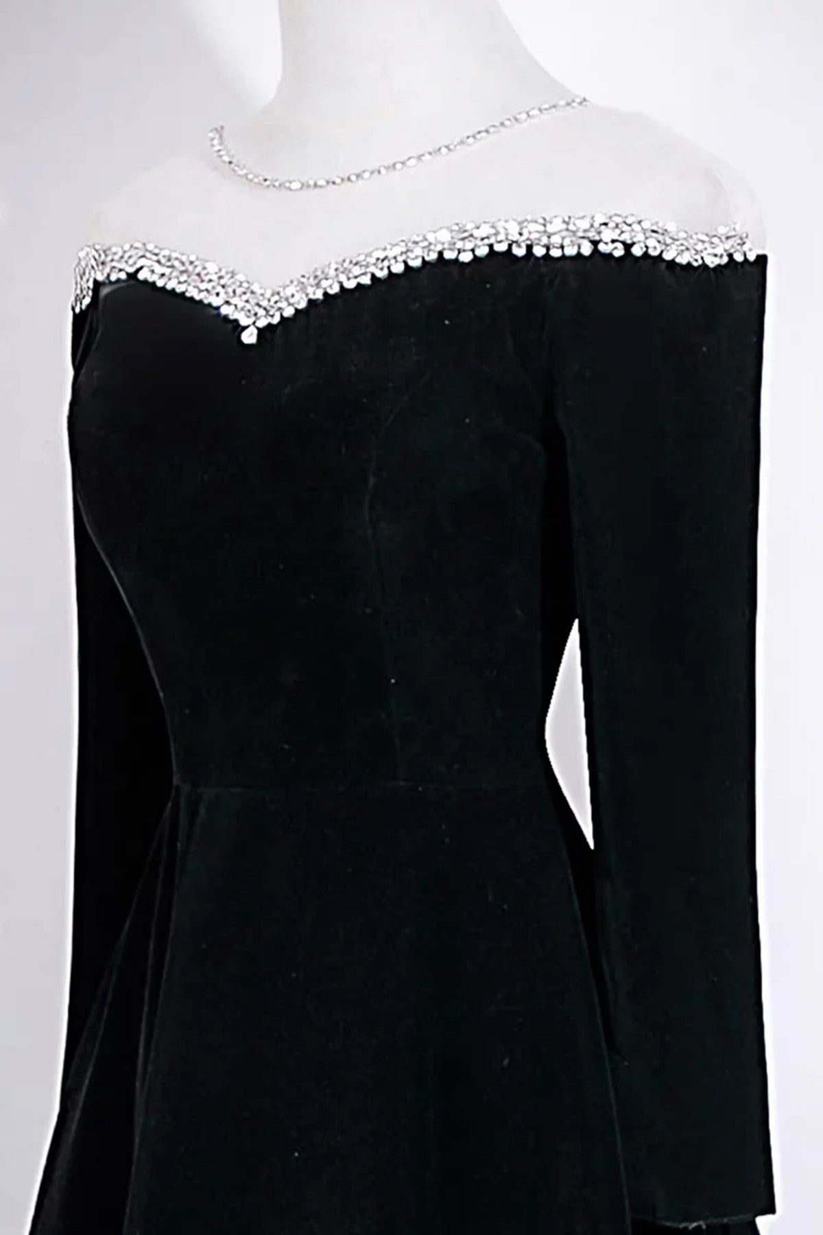 A-line Black Velvet Long Sleeves Beaded Prom Dress, Black Round Neckline Party Dress