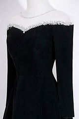 A-line Black Velvet Long Sleeves Beaded Prom Dress, Black Round Neckline Party Dress