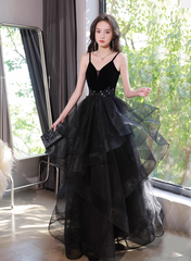 Black Tulle Straps V-neckline Beaded Long Formal Dress, Black A-line Prom Dress