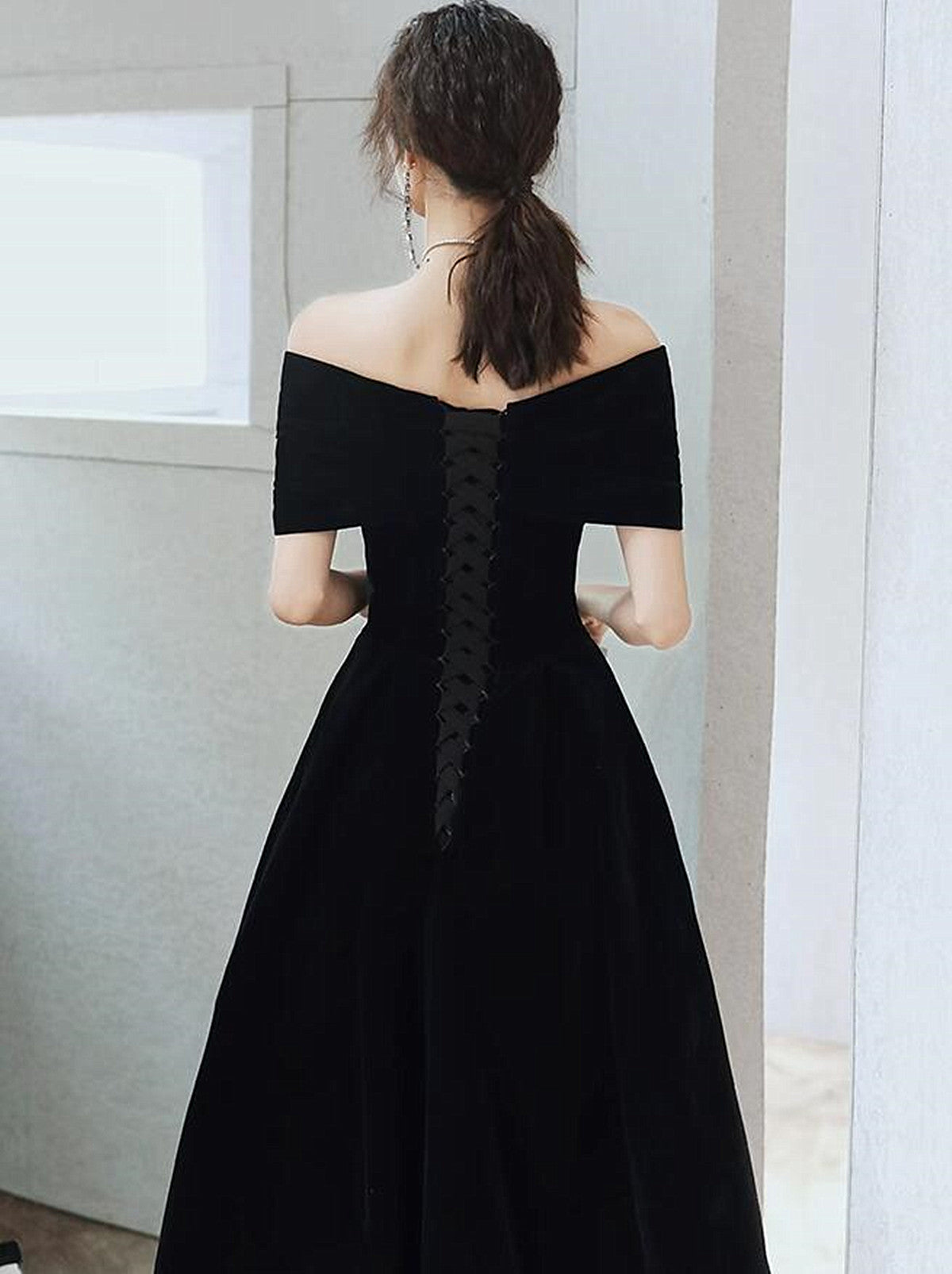 Black Velvet Tea Length Off Shoulder Party Dress, Black Short Homecoming Dress
