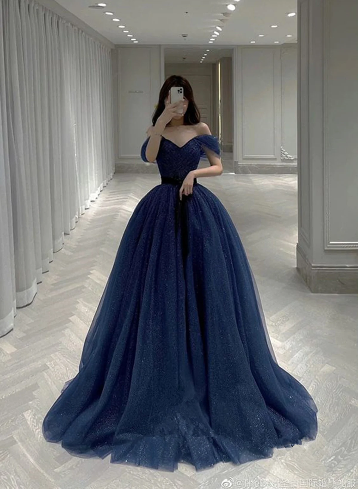 A-line Sweetheart Tulle Navy Blue Shiny Tulle Party Dress, Blue Long Formal Dress
