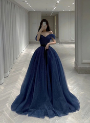 A-line Sweetheart Tulle Navy Blue Shiny Tulle Party Dress, Blue Long Formal Dress
