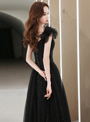 Black Tulle Beaded A-line Long Prom Dress, Short Sleeves  Party Dress
