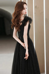 Black Tulle Sweetheart Long Party Dress, Black Beaded Tulle Formal Dress Prom Dress