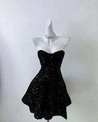 Black Sequins Short Homecoming Dress, Black Strapless Sequin A Line Party Dress Cocktail Dress