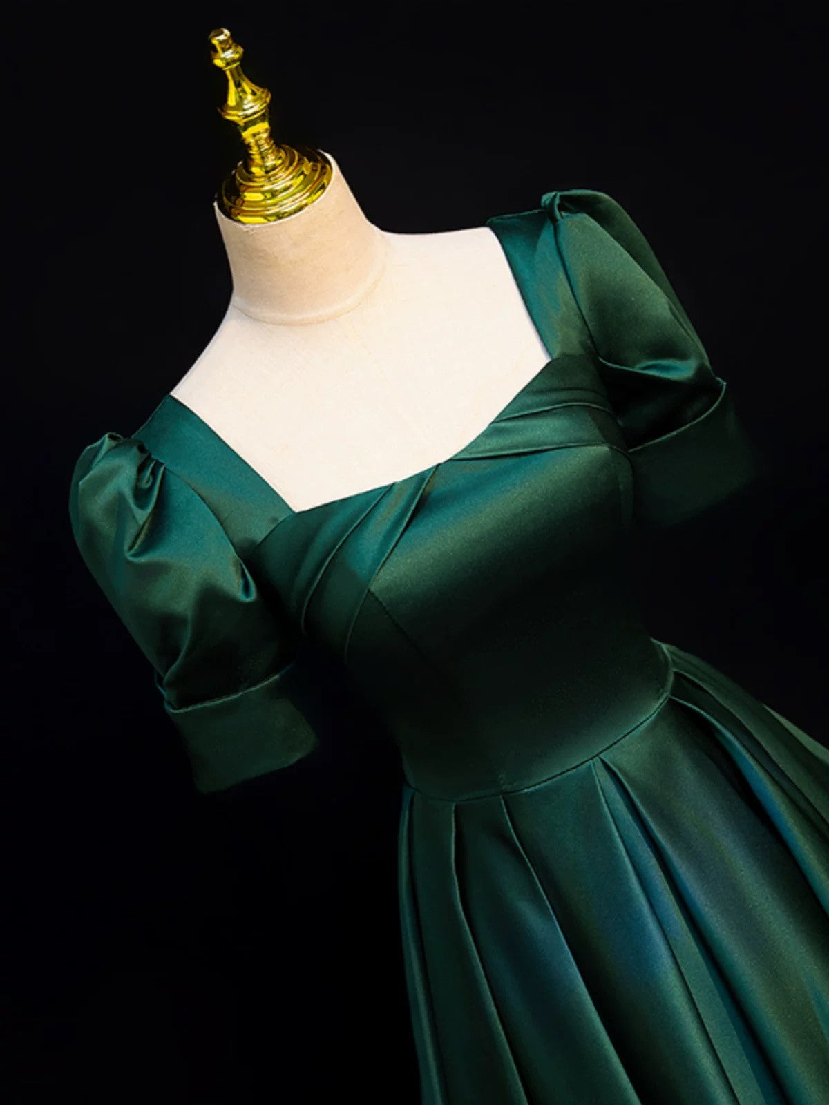A-line Green Satin Short Sleeves Floor Length Party Dress, Green Satin Prom Dress