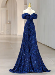 A-line Blue Sequins Off Shoulder Prom Dress, Blue Sequins Evening Dress