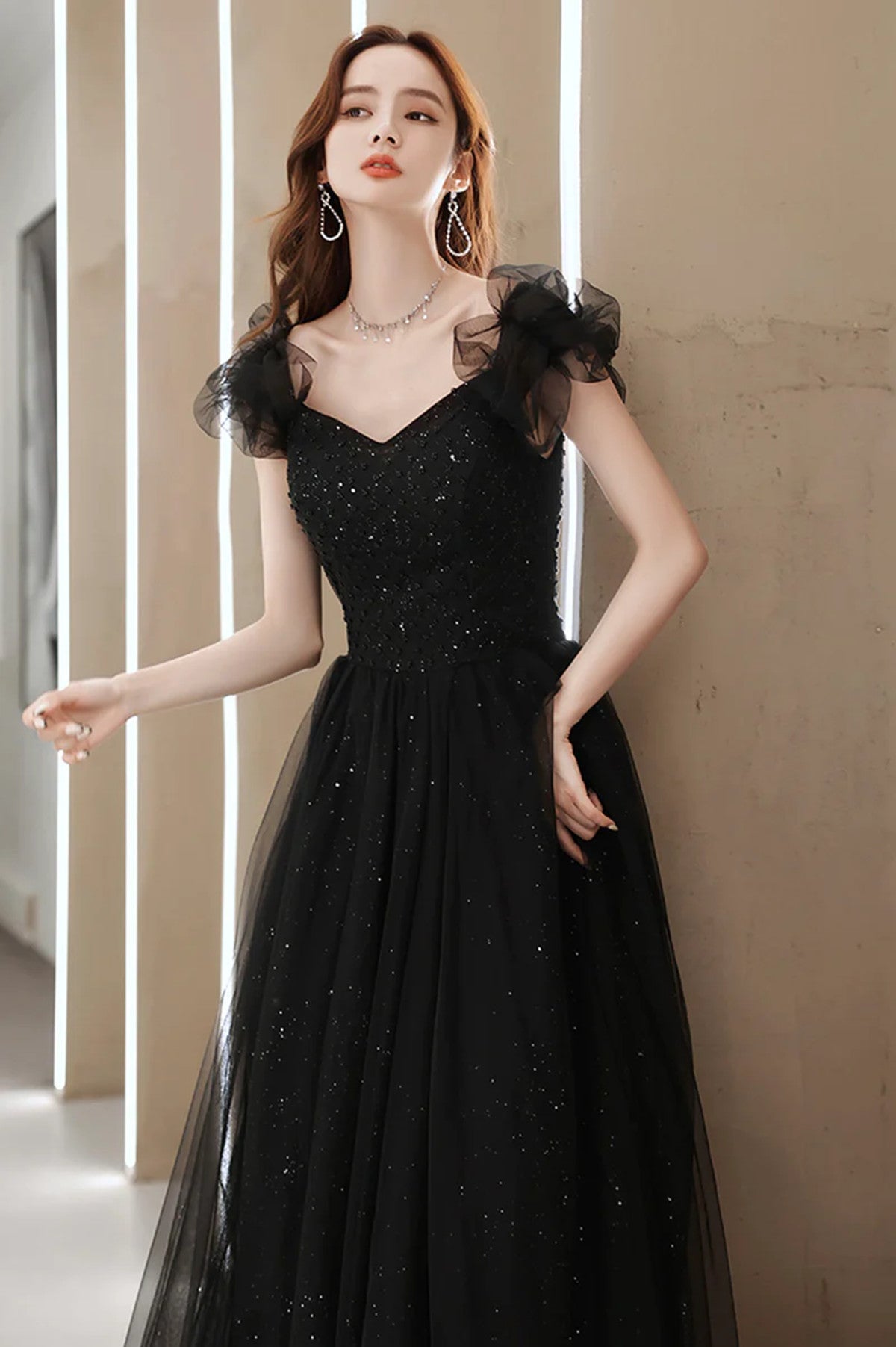 Black Tulle Sweetheart Long Party Dress, Black Beaded Tulle Formal Dress Prom Dress