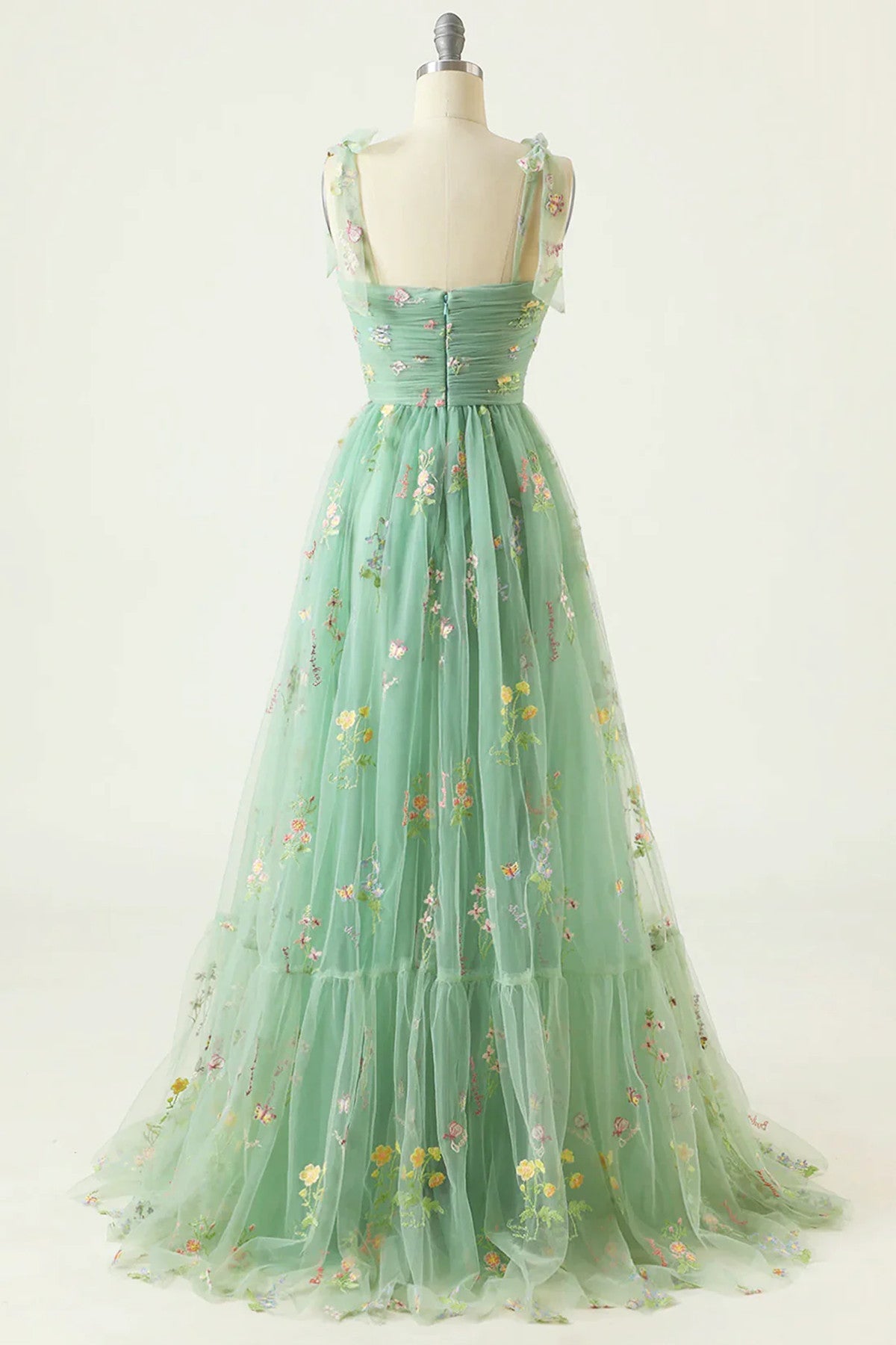 A-line Green Straps Sweetheart Floral Tulle Prom Dress, Green Tulle Evening Dress